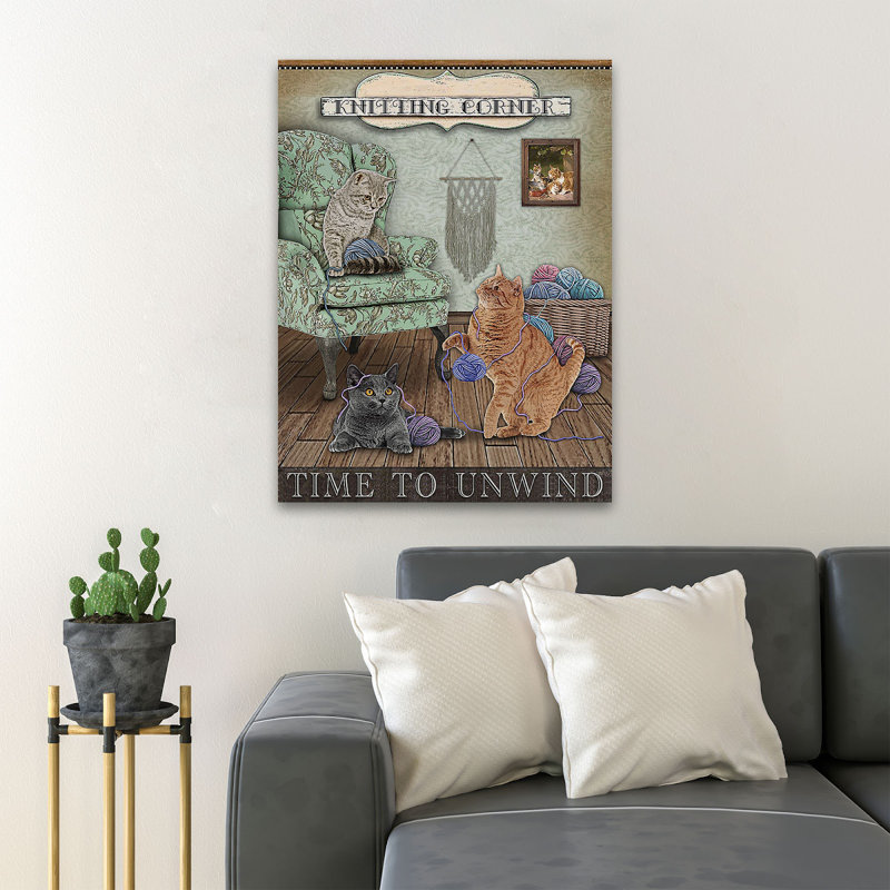 Cats And Yarns - Knitting Corner Time To Unwind - 1 Piece Rectangle Graphic Art Print On Wrapped Canvas, 14" H x 11" W x 2" D