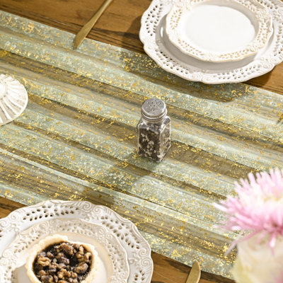 3PCS Sage Green Gold Gauze Table Runner 120 Inch 10FT, Glitter Metallic Foil Sheer Dining Wedding Anniversary Holiday Birthday Table Decor for Home Party