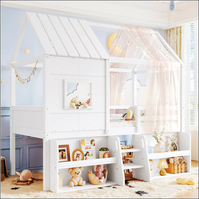 Twin Size Loft Bed with Storage Shelves And Stairs, House Loft Bed with Playhouse Shape Roof and Window, Childlike and No Box Spring Needed Design, White