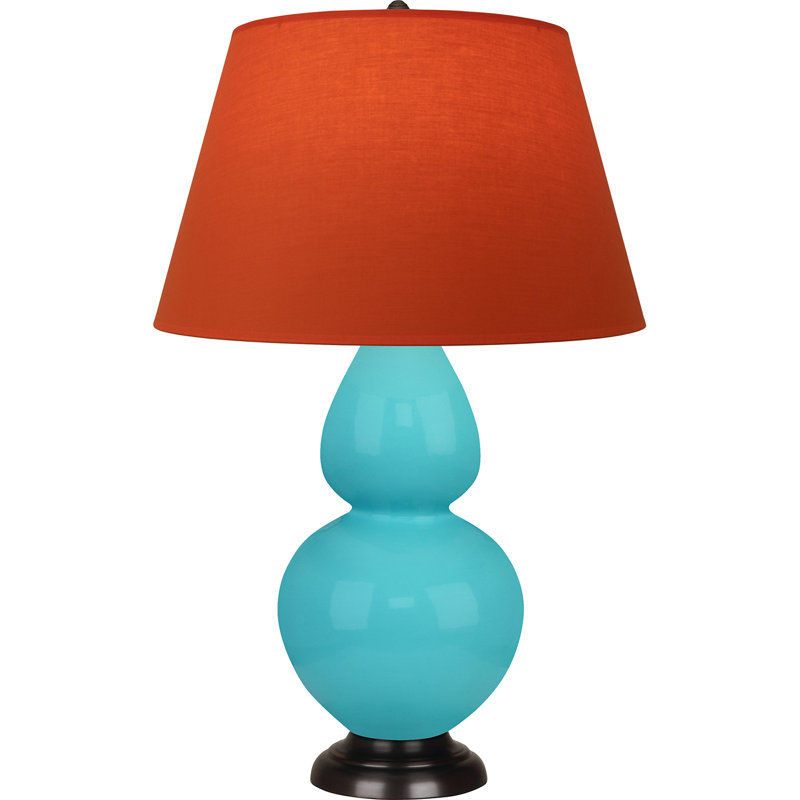Lampe de table double gourde en céramique, Bleu œuf émaillé / bronze, Tangerine / doublure taupe, Bronze