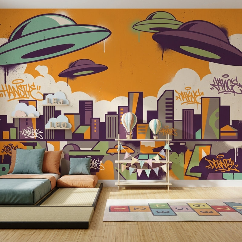 Papier peint UFOs, horizon urbain, graffiti amovible, art mural, 100 po x 96 po, Texturé non collé