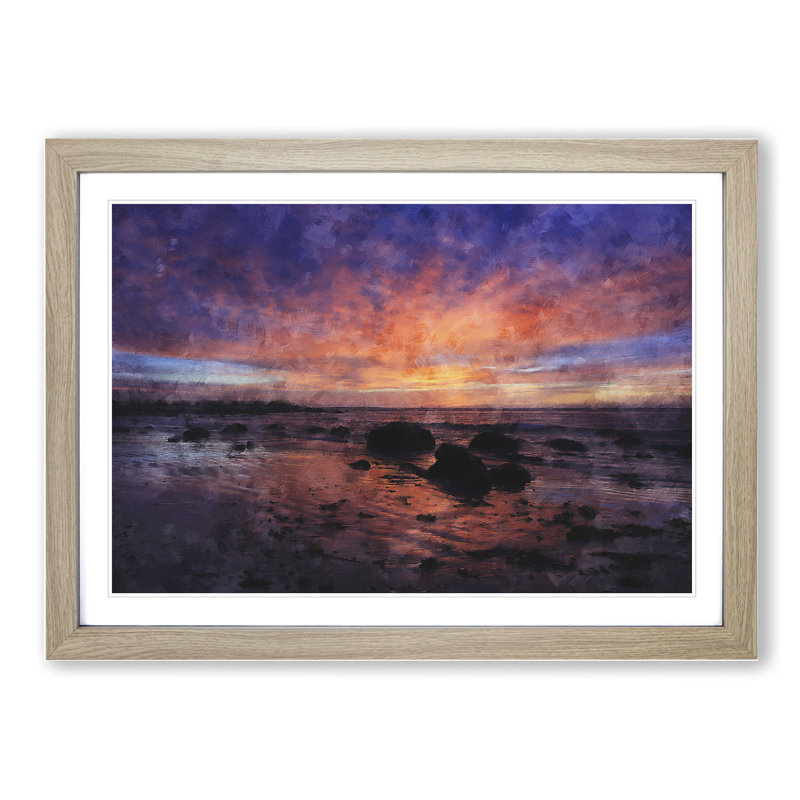 Purple Beach Sunset - Picture Frame Graphic Art, Oak Framed, 36cm H x 48cm W x 2cm D