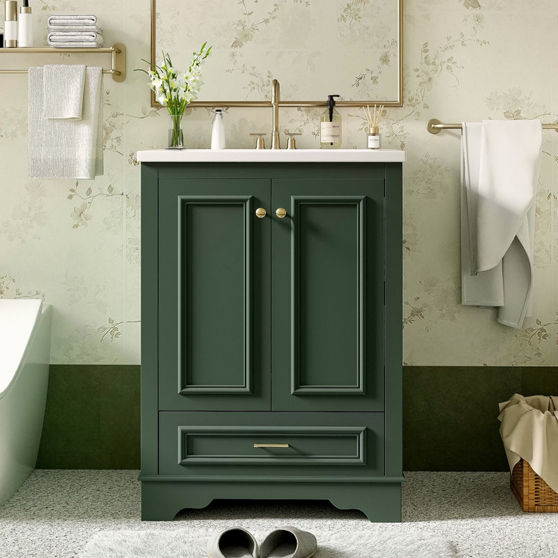 Meuble-lavabo 24 po avec lavabo en céramique, armoire de rangement autoportante moderne avec poignées argentées, portes à fermeture douce