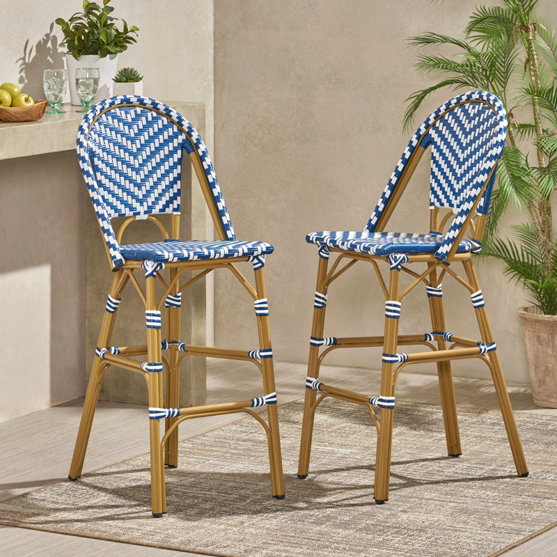 29.5" Outdoor Pe Rattan French Barstool, Aluminum Frame With Bamboo Finish (Set Of 2), Navy Blue
