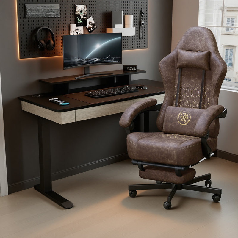 Ensemble de 2 chaises de jeu de course réglables, inclinables et ergonomiques en similicuir, Brun