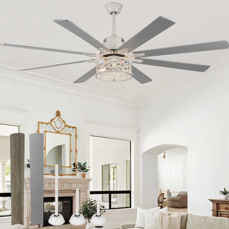 72 Inch Industrial Black Caged Ceiling Fan with Remote, Silent DC Motor Large Ceiling Fan with Light for Diningroom