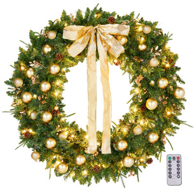 48'' Pre-Lit Christmas PE & PVC Wreath With Bow, Pine Cones & Gold Ornaments