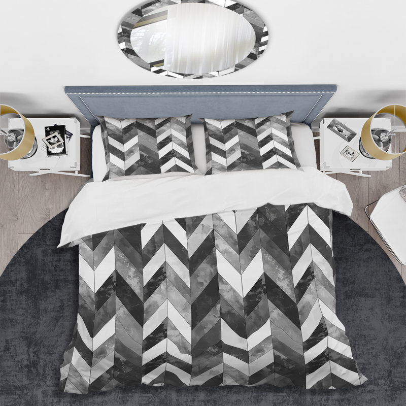 Grey White Chevron Print - Modern Duvet Cover Set, Twin Duvet Cover + 2 Standard Shams