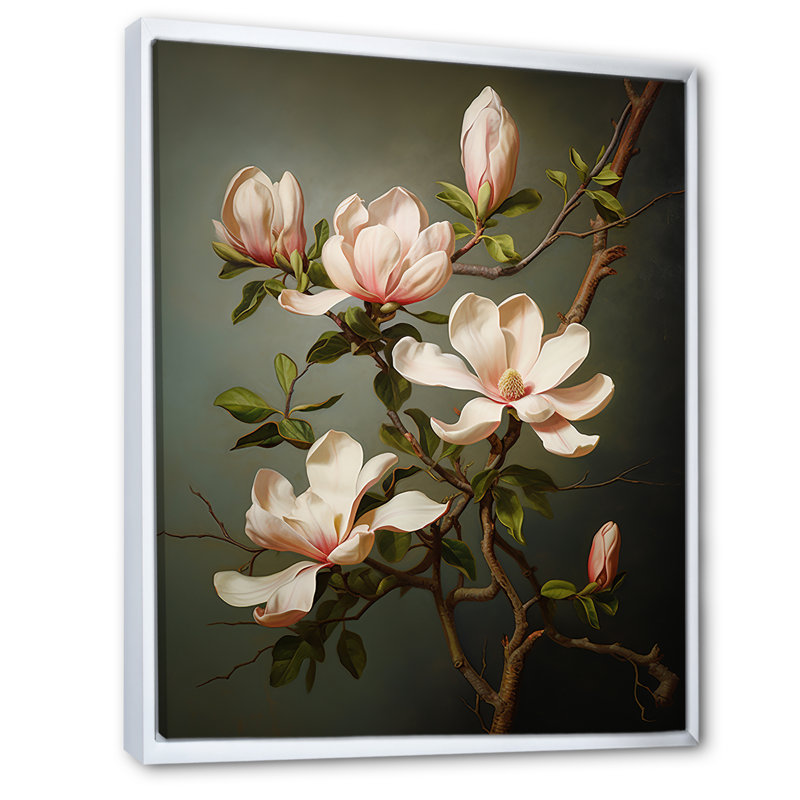 Magnolias méditation sur toile, Cadre flottant blanc, H 44 po x l 34 po x P 1,5 po