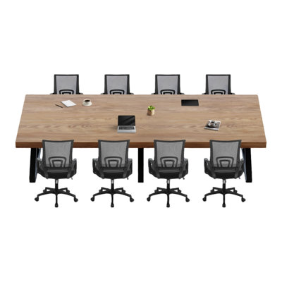 Industrial-style Solid Wood Conference Table Office Set With Black Mesh Chairs