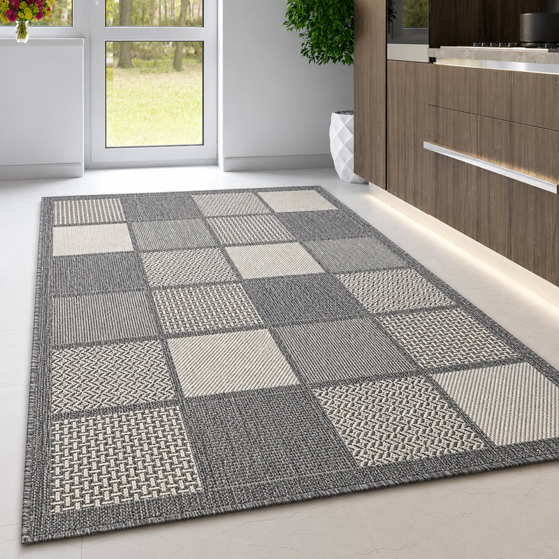 Non Slip Rug Flat Weave Check Kitchen Living Room Carpet, Grey, Rectangle 120 x 160 cm