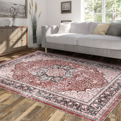 Tapis rétro 5 x 7 pour salon lavable à la machine Tapis antidérapant antidérapant pour tapis de chambre à coucher EasyRean résistant à la décoloration pour bureau de chambre de bébé rouge