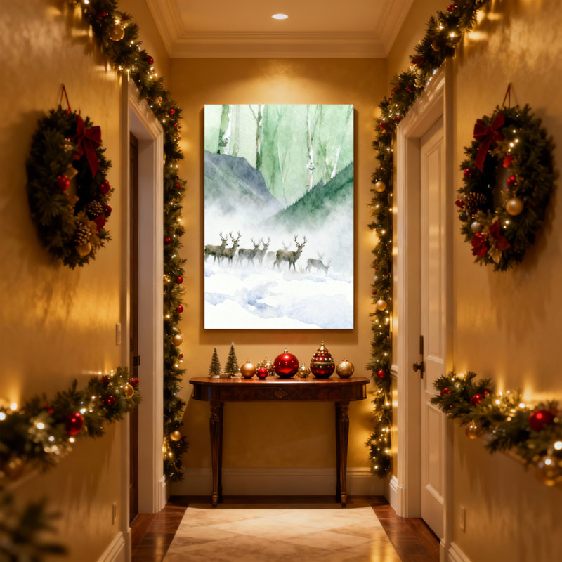 «Christmas Deer Herd In Misty Forest Landscape», ensemble de 3 impressions sur toile, H 24 po x l 16 po