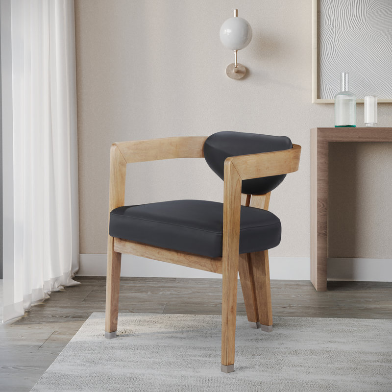 19.3'' H Upholstered Armchair, Black Vegan Leather, Natural Wire Brush