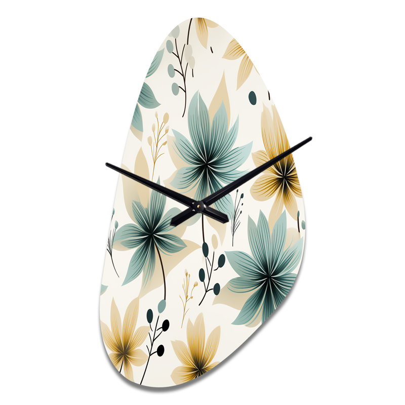 Motif floral élégant bleu sarcelle et beige - horloge murale asymétrique florale en métal, Grand