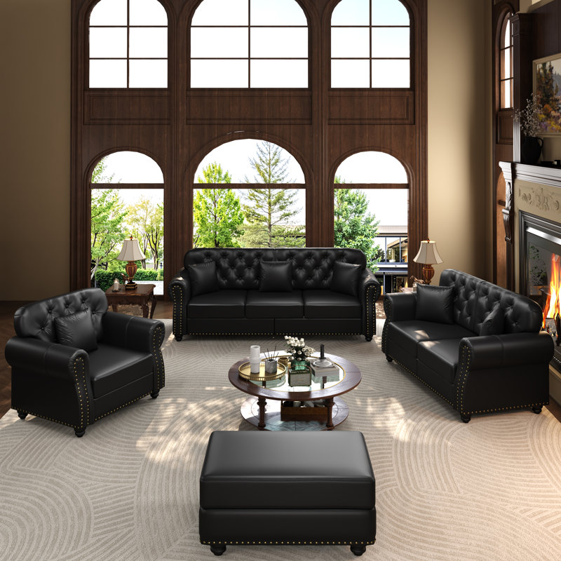 Canapé rembourré en similicuir Lethmoss Mid-Century, 82.6, 1 Ottoman+3 Sofa, Black