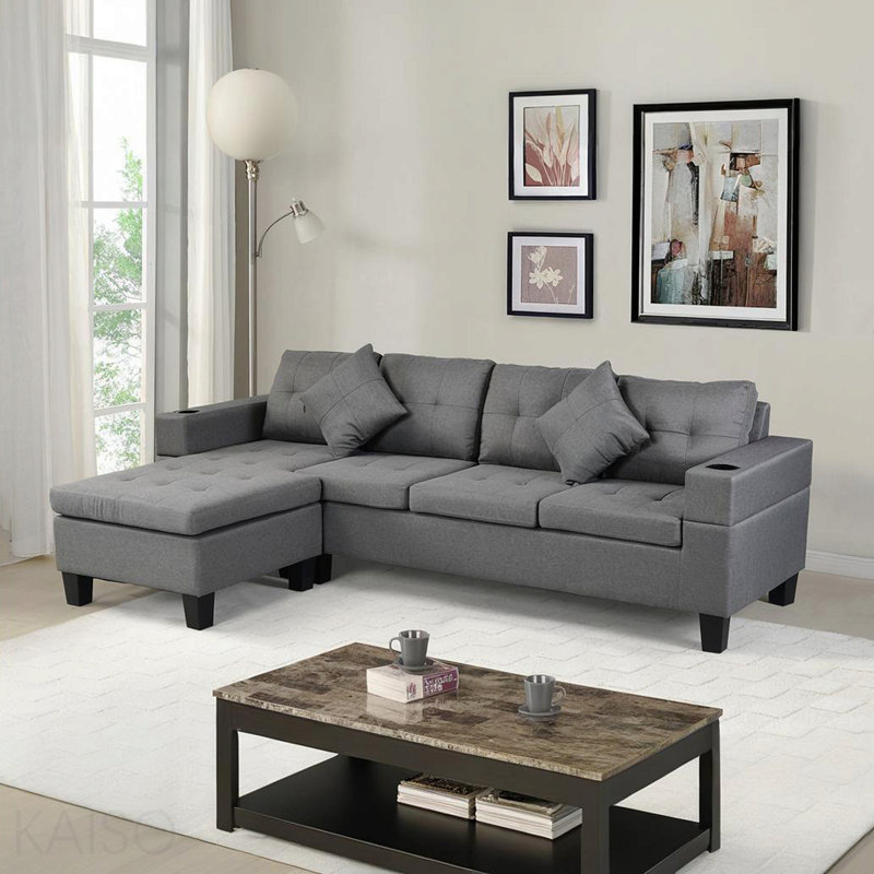 Ensemble de canapé modulaire pour salon avec méridienne en L, porte-gobelet et méridienne moderne à gauche ou à droite (gris lin)