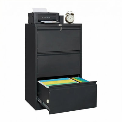 3 Drawer Lateral File Cabinet Metal Lateral Filling Cabinet with Lock, Lockable File Cabinets for Home Office with Letter/Legal/F4/A4 Size Storage Black