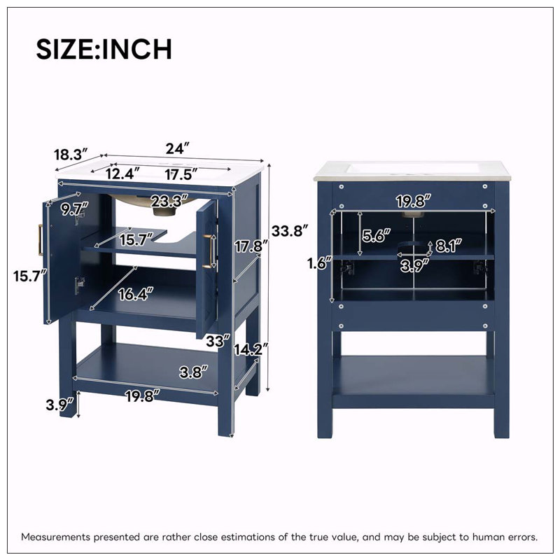 Meuble-lavabo moderne de 24 po au design sergé élégant avec charnières à fermeture en douceur, Blue
