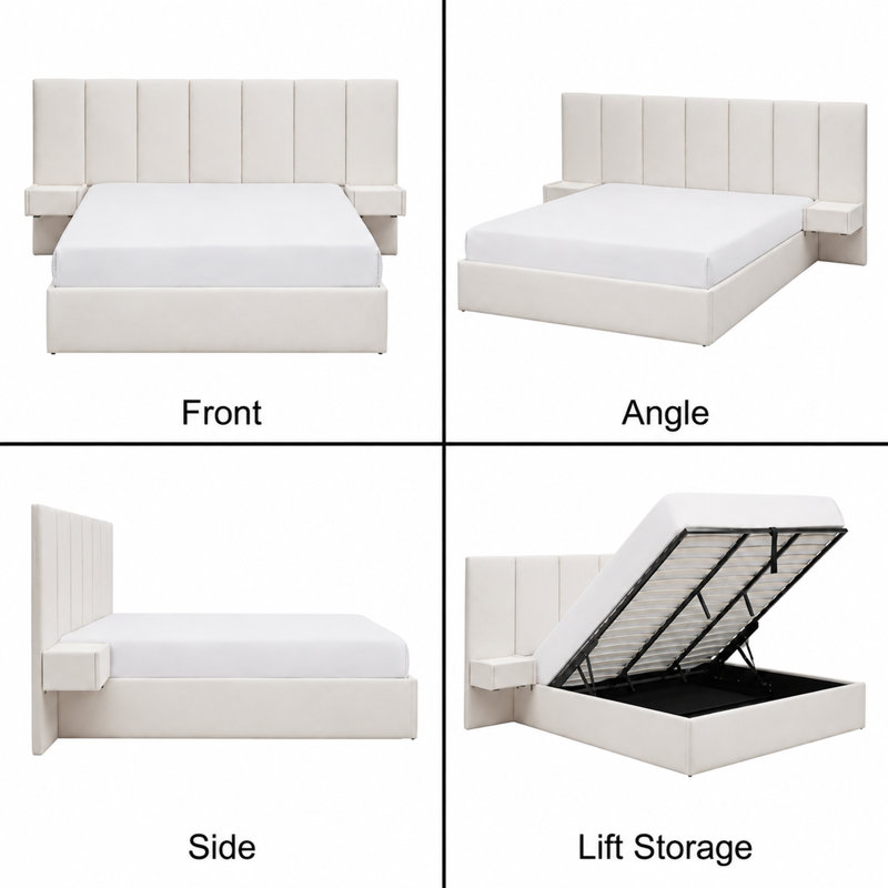 Iokaste Upholstered Lift Storage Bed Frame with Hotel-Style Headboard, Queen Size & King Size Bed Frame, Sprung Slats, Velvet Headboard and Drawers, Gas Lift Hydraulic Support, No Box Spring Needed