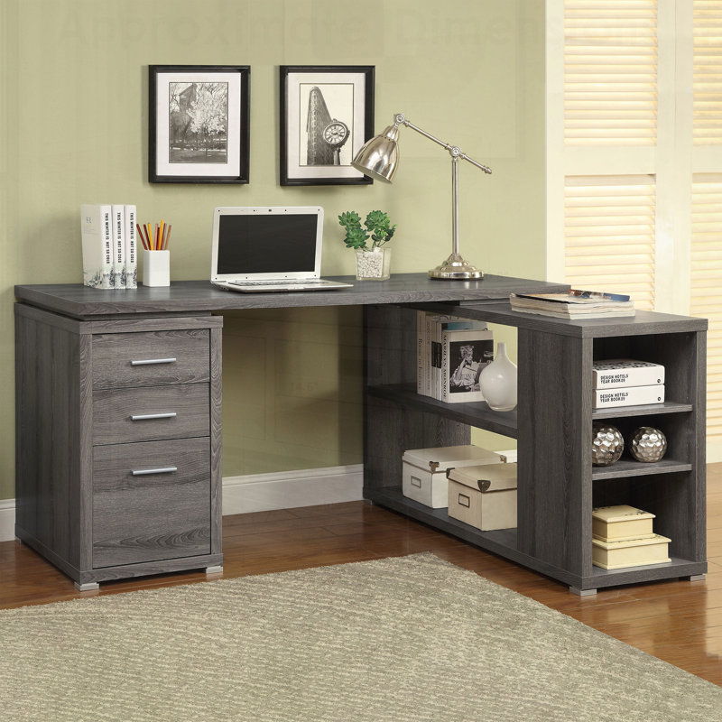 Bureau en forme de L gris avec 3 tiroirs Tona, parfait pour le bureau à domicile et pour un design peu encombrant.