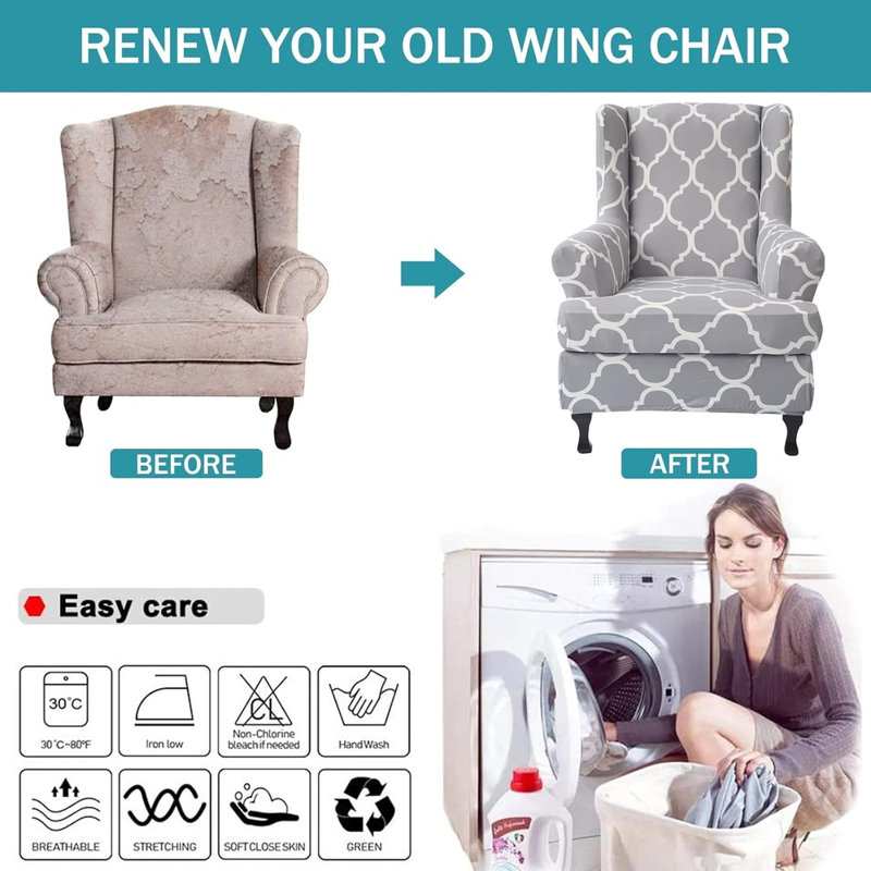 T Cushion Wingback Slipcover, Gray/White Polyester
