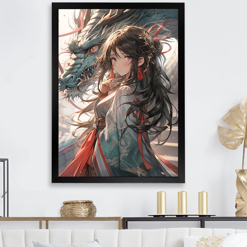 Red Manga Dragon Dreams II, Black Single Picture Framed, 32" H x 16" W x 1" D