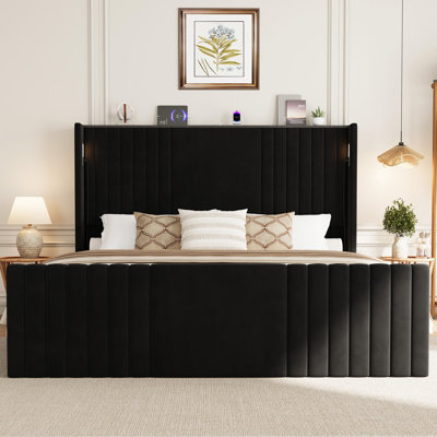 Velvet Upholstered Wingback Platform Bed