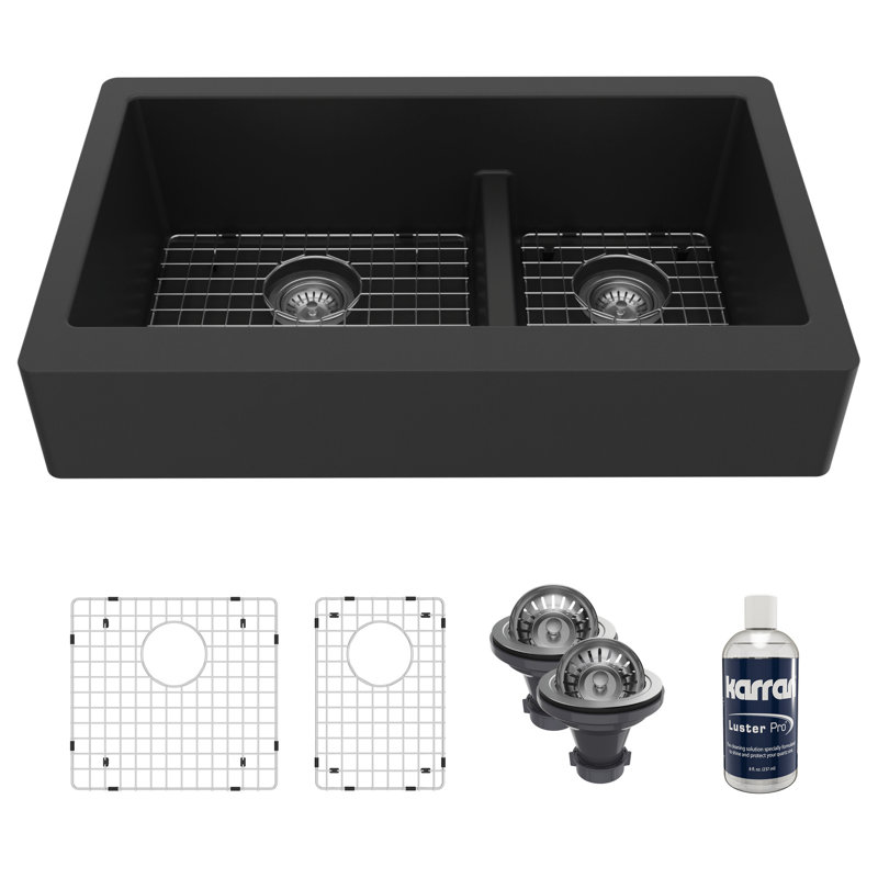 Karran Quartz 34'' X 21-1/4'' Double Bowl 60/40 Retrofit Farmhouse/Apron Front Kitchen Sink Kit, Black