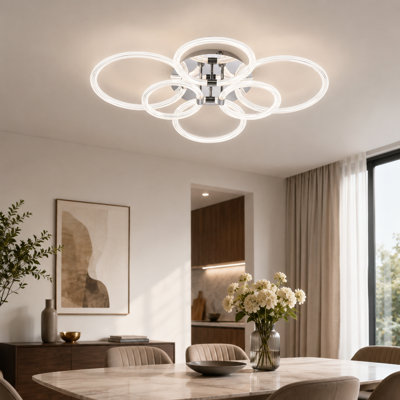 Plafonnier encastré moderne à 6 anneaux DEL avec télécommande à intensité variable en métal et acrylique 6 lumières à haute transmittance pour le salon, la cuisine et le bureau