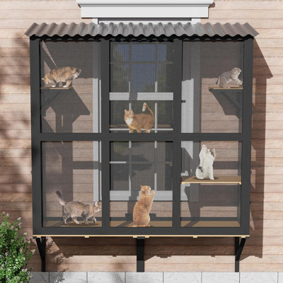 Grande boîte à fenêtre pour chat Catio, fenêtre en bois pour chat avec plateforme à 4 portes et 3 portes pour bronzer, donnant sur une boîte de fenêtre pour chats extensible avec connexion par tunnel