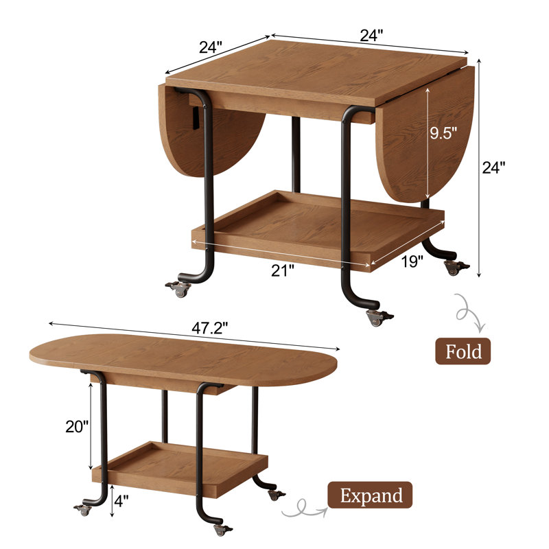 47.2" Convertible Drop-Leaf Expandable Coffee Table with Curved Metal Locking Caster Base in  Fir Core Wood |  Double-Tier Storage Rolling Center Table for Small Apartment & Living Room