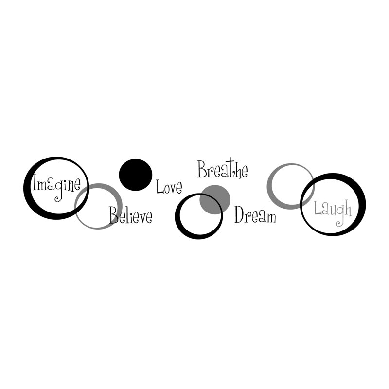 Adhésif décoratif pois points avec mots : croire, rêve, imaginer, rire, amour, respirer, Noir / brume argentée
