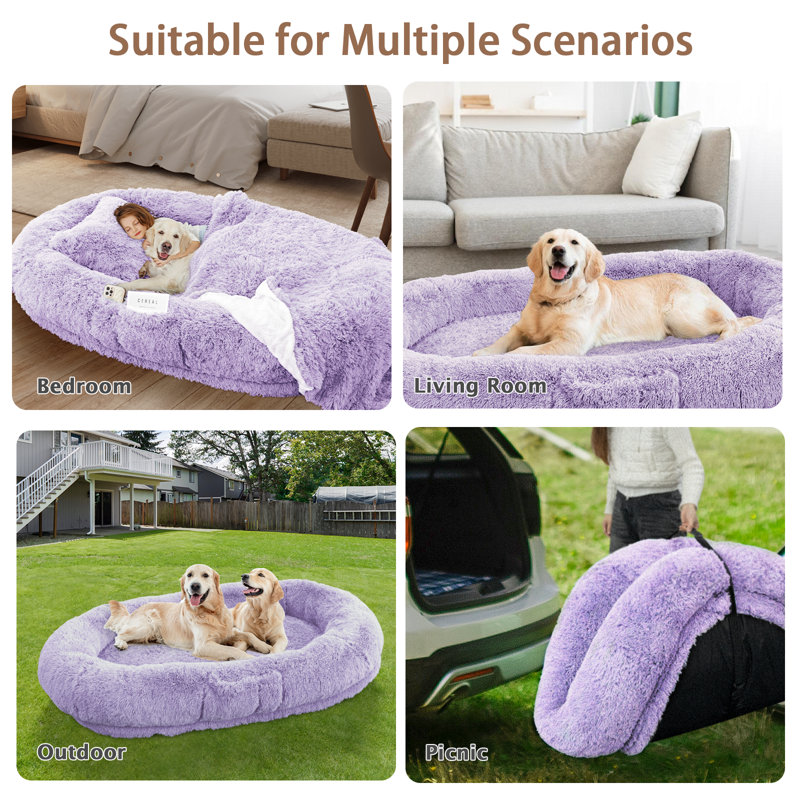 Grand lit pour chien humain avec coussin moelleux, couverture, sangle, H 12 po x l 71 po x P 45 po, Mauve