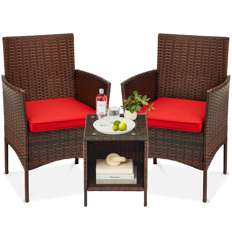 Nasrul 3-Piece Outdoor Wicker Conversation Patio Bistro Set, w/ 2 Chairs, Table, Brown, Red