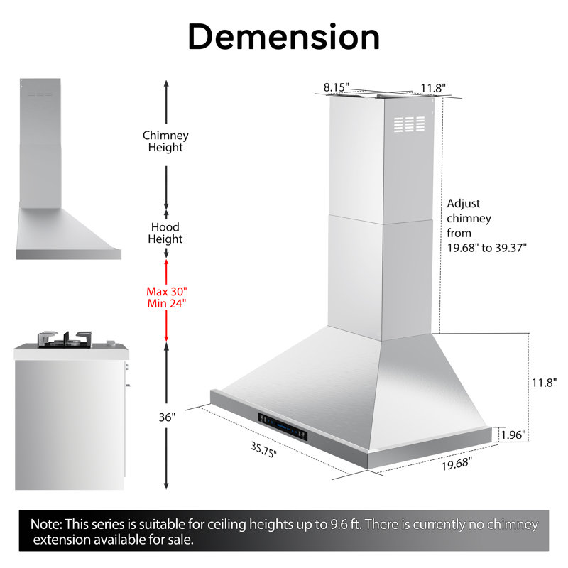 Hotte murale convertible 36 pouces 600 CFM en acier inoxydable avec DEL réglable, contrôle des mouvements, Acier Inoxydable