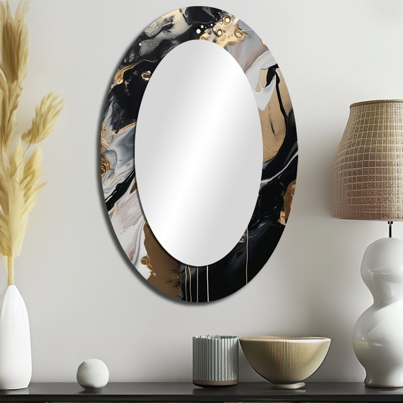 Back And Gold Marble Medley III - Abstract Oval Decorative Mirror On Metal, 36" x 24"