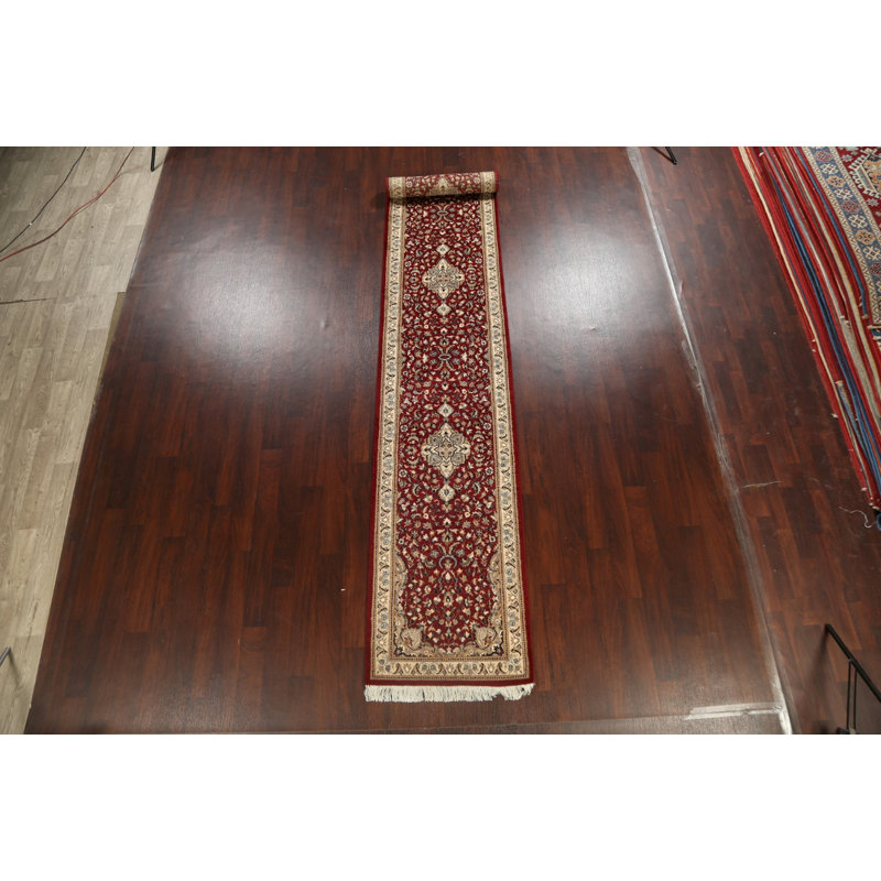 Tapis de couloir unique en laine noué à la main 2 pi 7 po x 16 pi 7 po nouvel âge en rouge / ivoire / gris