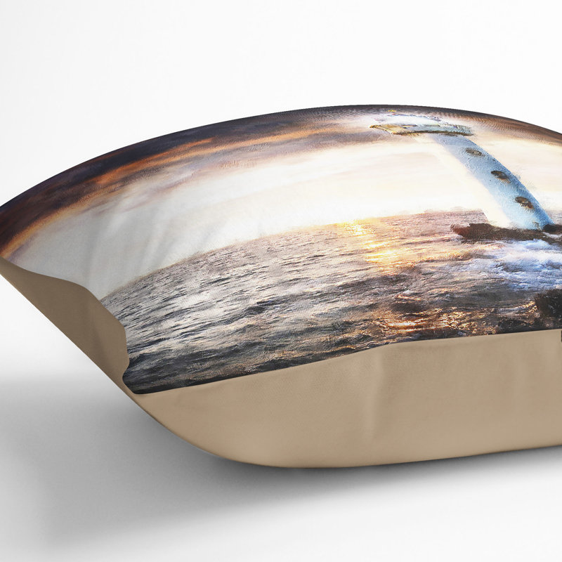 Lighthouse and Seascape Evening Glow Painting Cushion with Filling, 40cm H x 40cm W x 15cm D, Stone