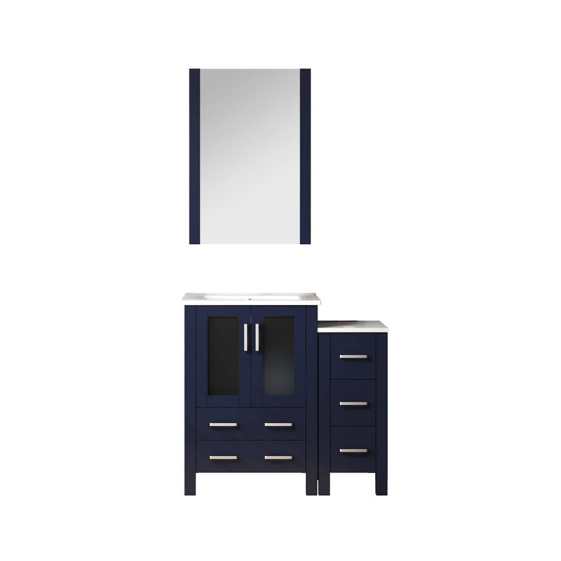 Bleu marine 36 po Meuble-lavabo large pour salle de bain avec armoire latérale, surface en céramique blanche, miroir 22 et tiroirs à fermeture en douceur avec plateau supérieur, option de rangement à long terme