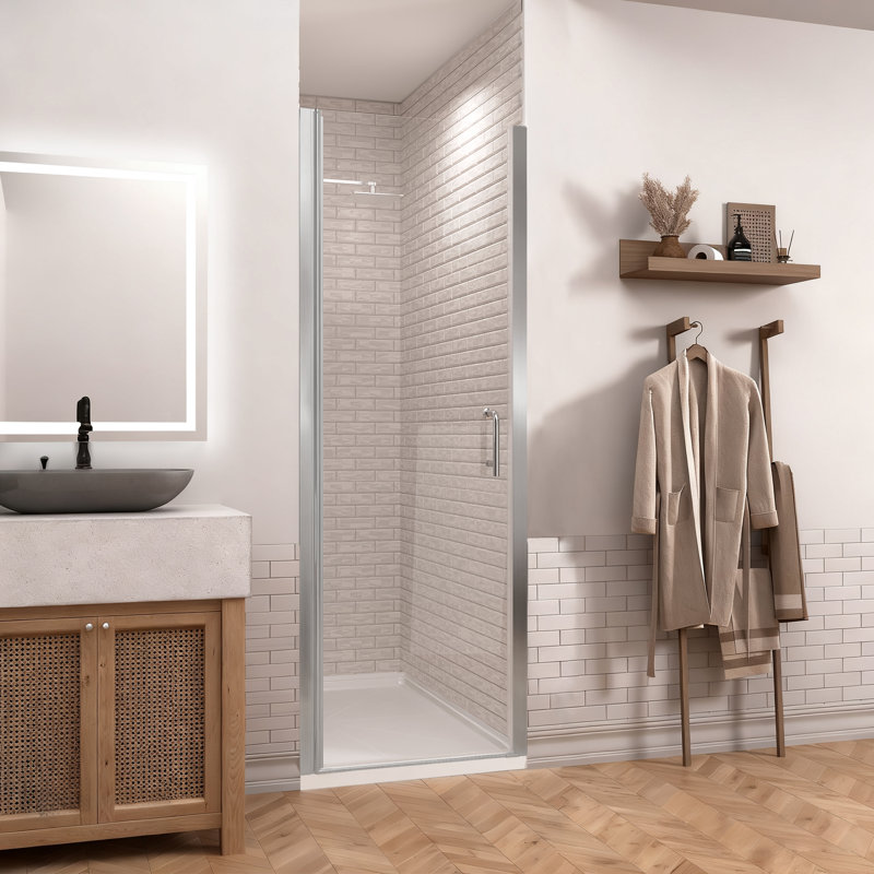 Porte de douche à charnière pivotante sans cadre en chrome avec verre transparent