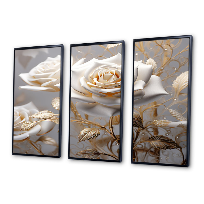 «White Rose Golden Leaves On Grey II - Roses», ensemble d'art mural, Cadre flottant noir, H 40 po x l 60 po x P 1 po
