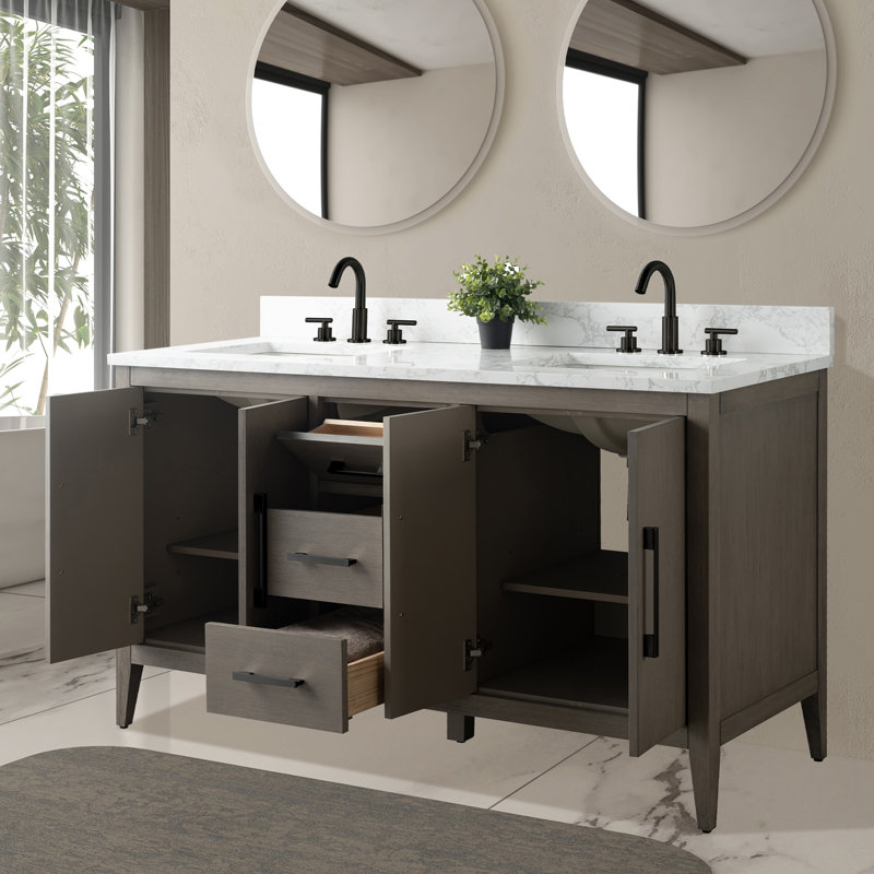 Ensemble de meuble-lavabo double 60 po, Noir mat, Bois flottant gris