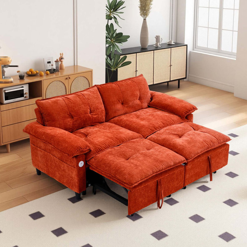 Canapé-lit convertible en velours orange avec matelas