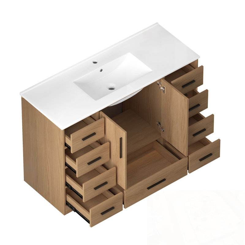 Meuble-lavabo avec 2 portes à fermeture douce et 9 tiroirs, Naturel