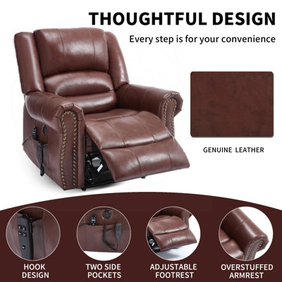 Fauteuil inclinable électrique à deux moteurs avec cuir véritable et ports USB
