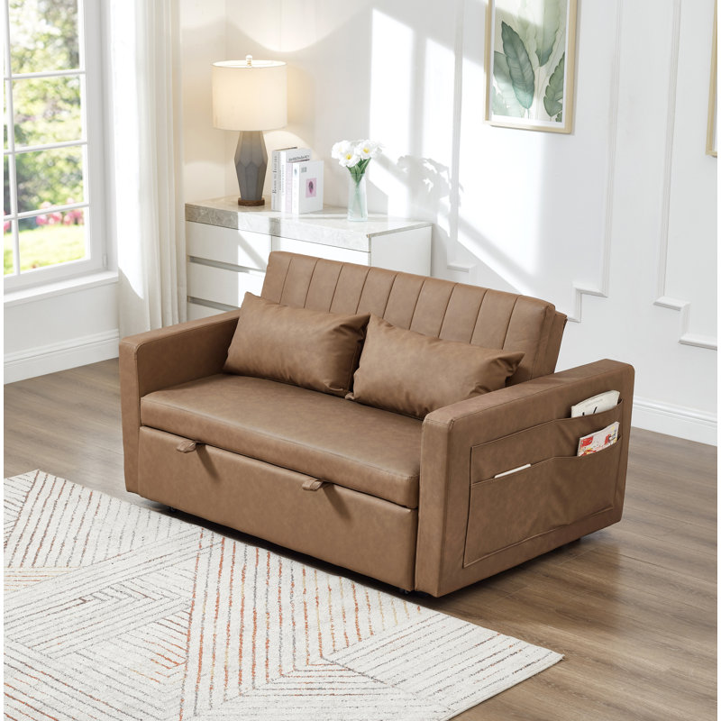 55'' Leather Small Loveseat Pull-out Sofa Bed - Adjustable Backrest With 2 Soft Pillows, Brown