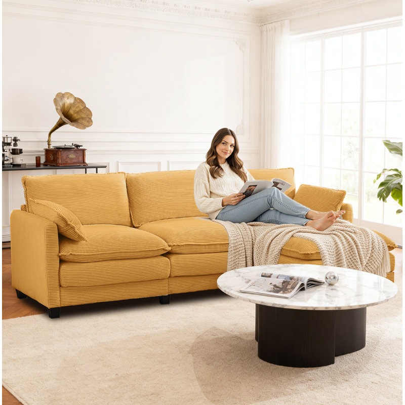 102" Corduroy L-Shaped Couch 3-Seater With Movable Ottoman, Brown