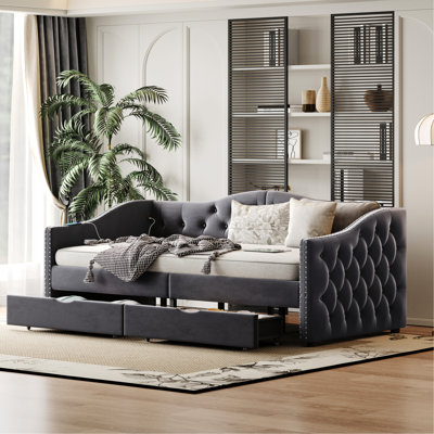 Grey Twin Daybed With Storage Drawers And No Box Spring - Upholstery, Mid-Century Inspired Design In Required, Upholstered Velvet Elegant Nail Head Trim On