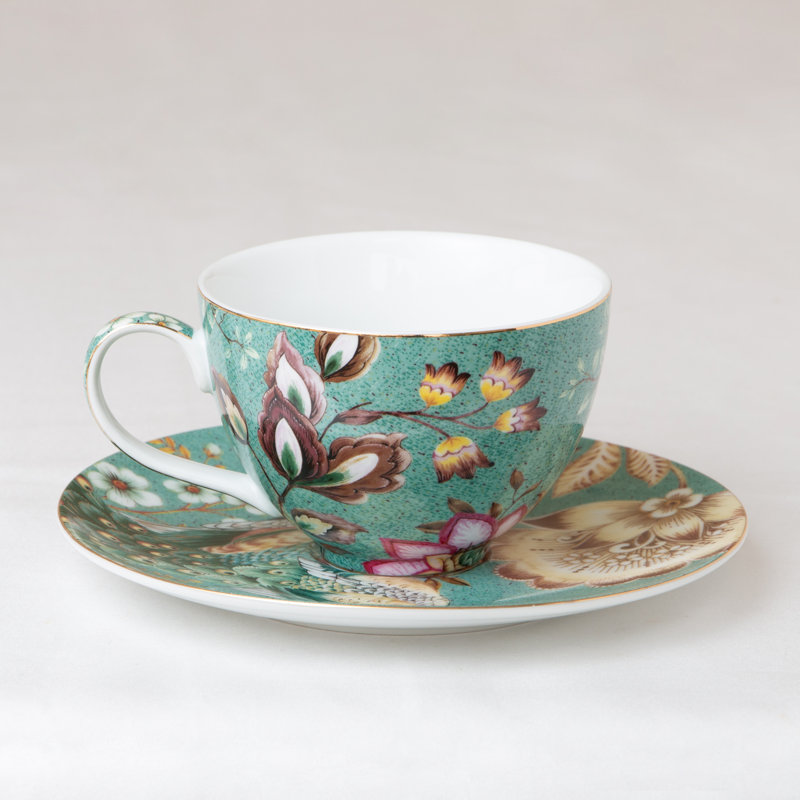 Grace Tea Ware Peacock Lotus Garden Teacups & Saucers, Set of 4